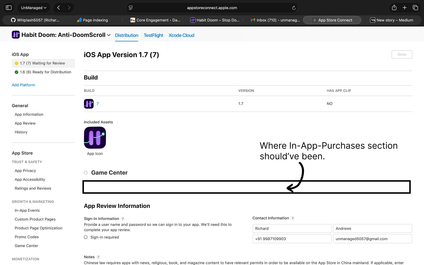 App Store Connect version page with the In-App Purchases section completely missing