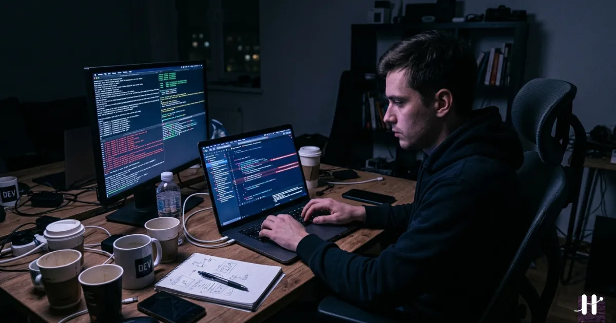 Dark developer desk at 2 AM with laptop showing Swift code errors and empty coffee cups — the real story of building an iOS app solo