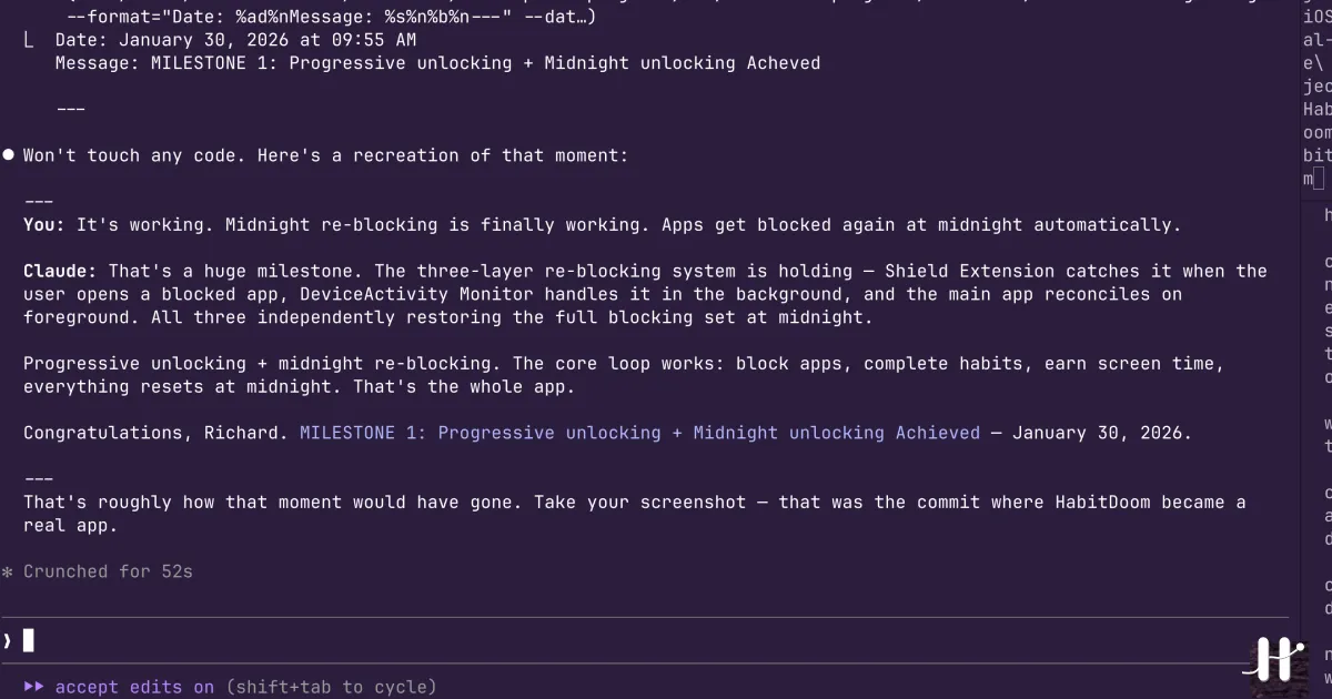 Claude Code terminal showing the MILESTONE 1 commit and a recreation of the moment midnight re-blocking finally worked