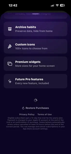 Habit Doom paywall showing premium features but no purchase buttons — just an infinite loading spinner