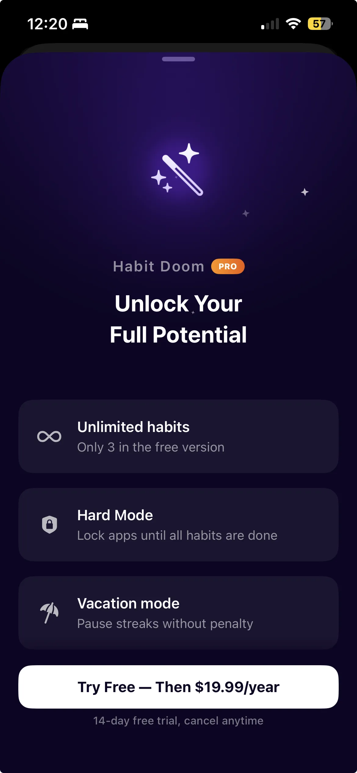 Habit Doom Pro paywall showing Unlock Your Full Potential with premium features
