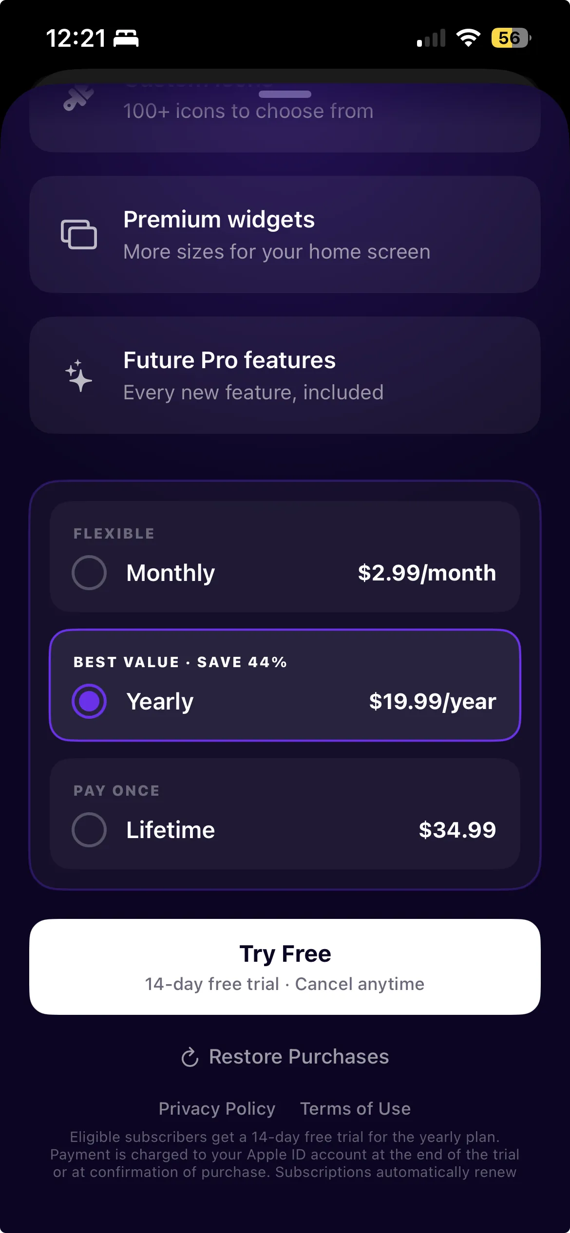 Habit Doom pricing tiers — Monthly $2.99, Yearly $19.99, Lifetime $34.99