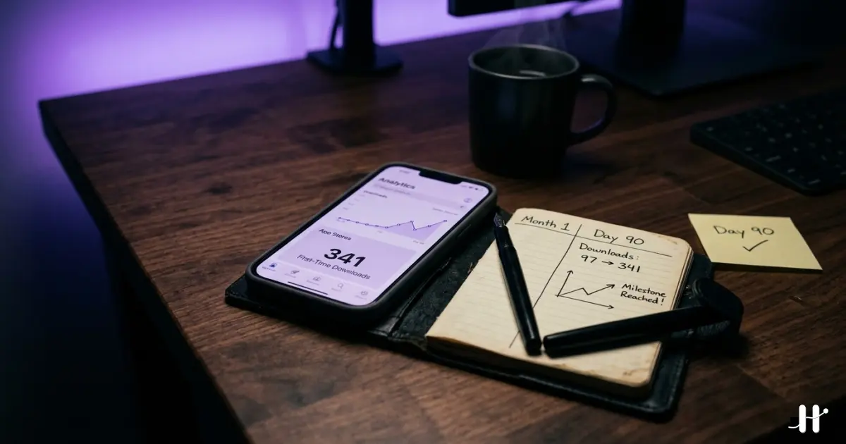Dark desk at night with iPhone showing App Store Connect dashboard with 341 downloads, leather notebook with Month 1 vs Day 90 numbers in columns, sticky note reading Day 90