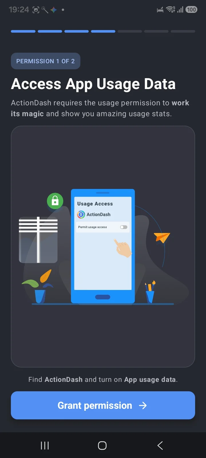 ActionDash requesting the app usage access permission during setup