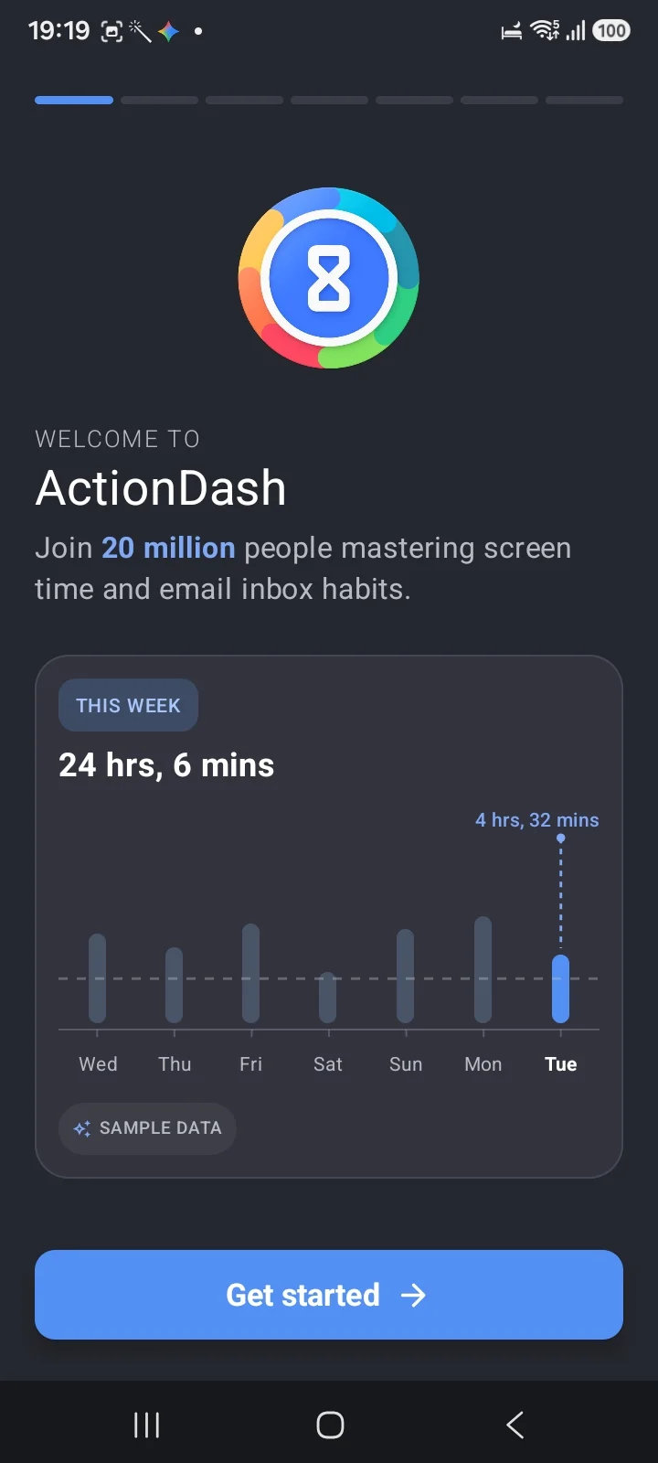 ActionDash welcome screen using the same twenty million people copy as StayFree