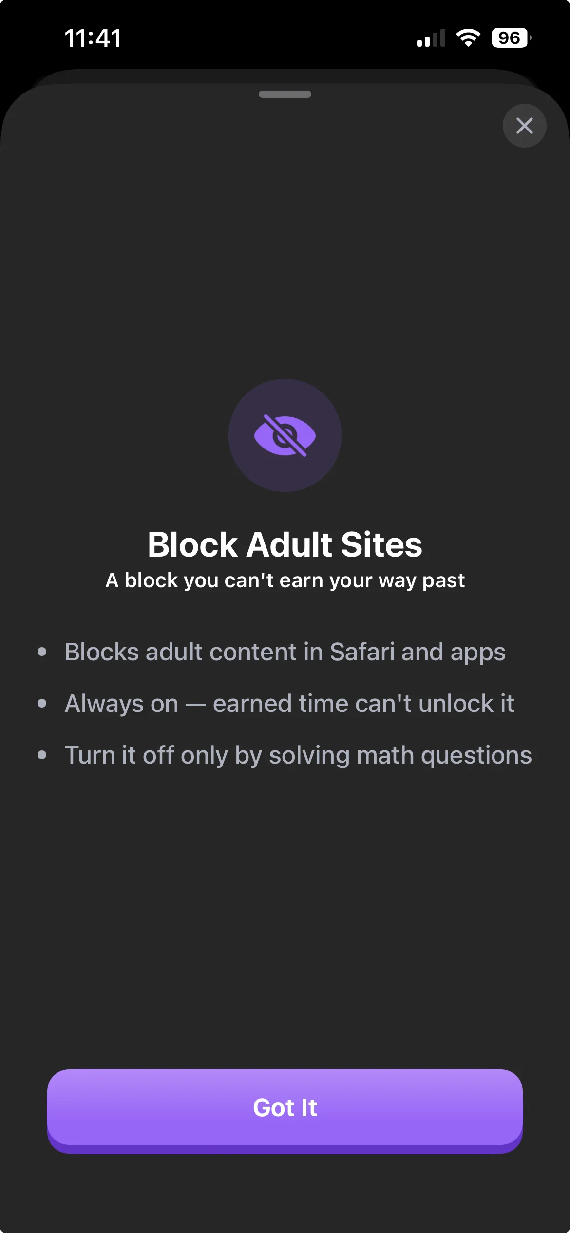 Habit Doom explainer for Block Adult Sites: always on, earned time cannot unlock it, and it turns off only by solving math questions