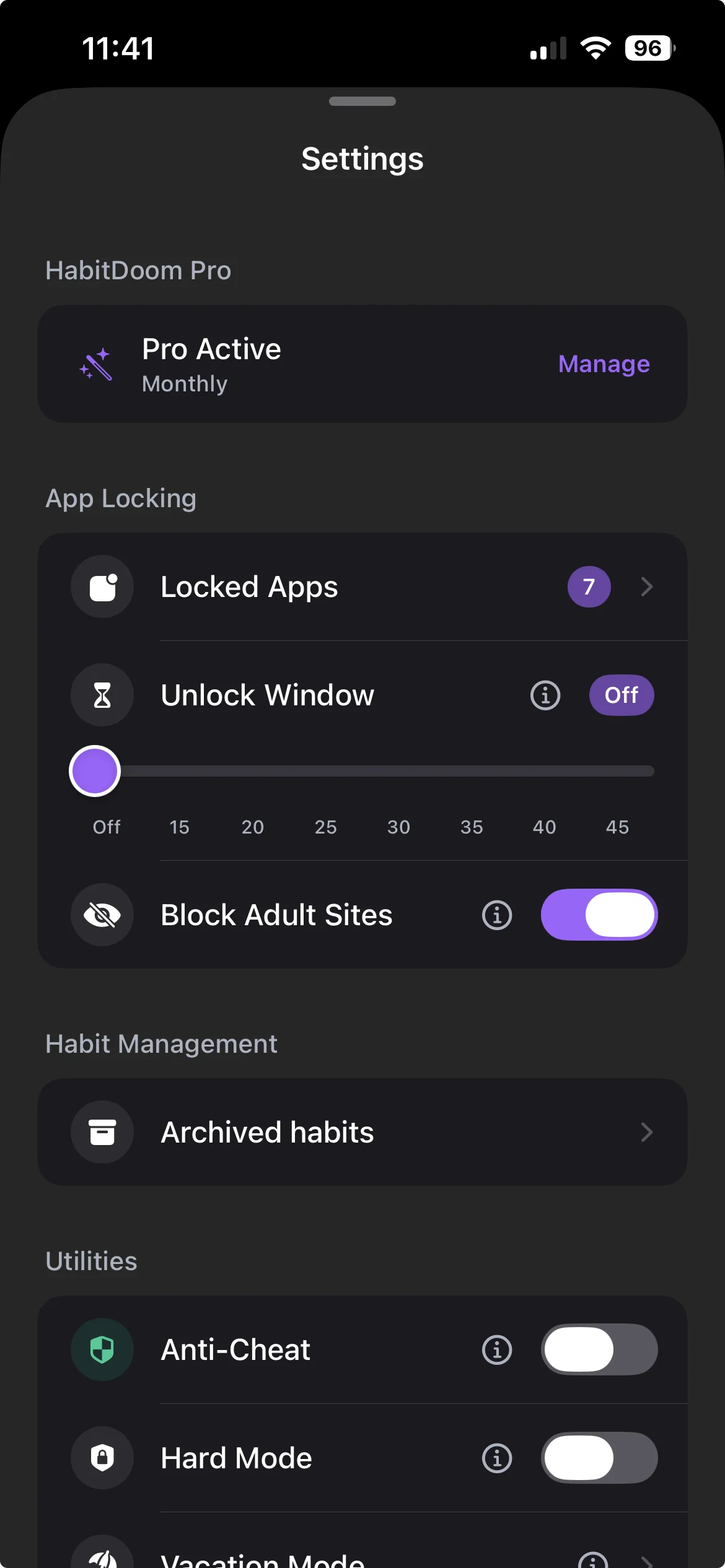 Habit Doom Settings screen with the Block Adult Sites toggle turned on