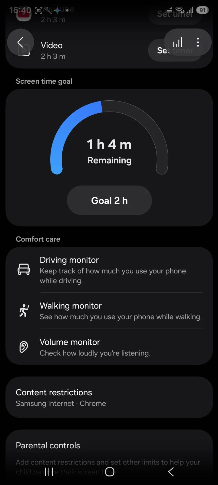 Samsung screen time goal gauge above Comfort care and Content restrictions