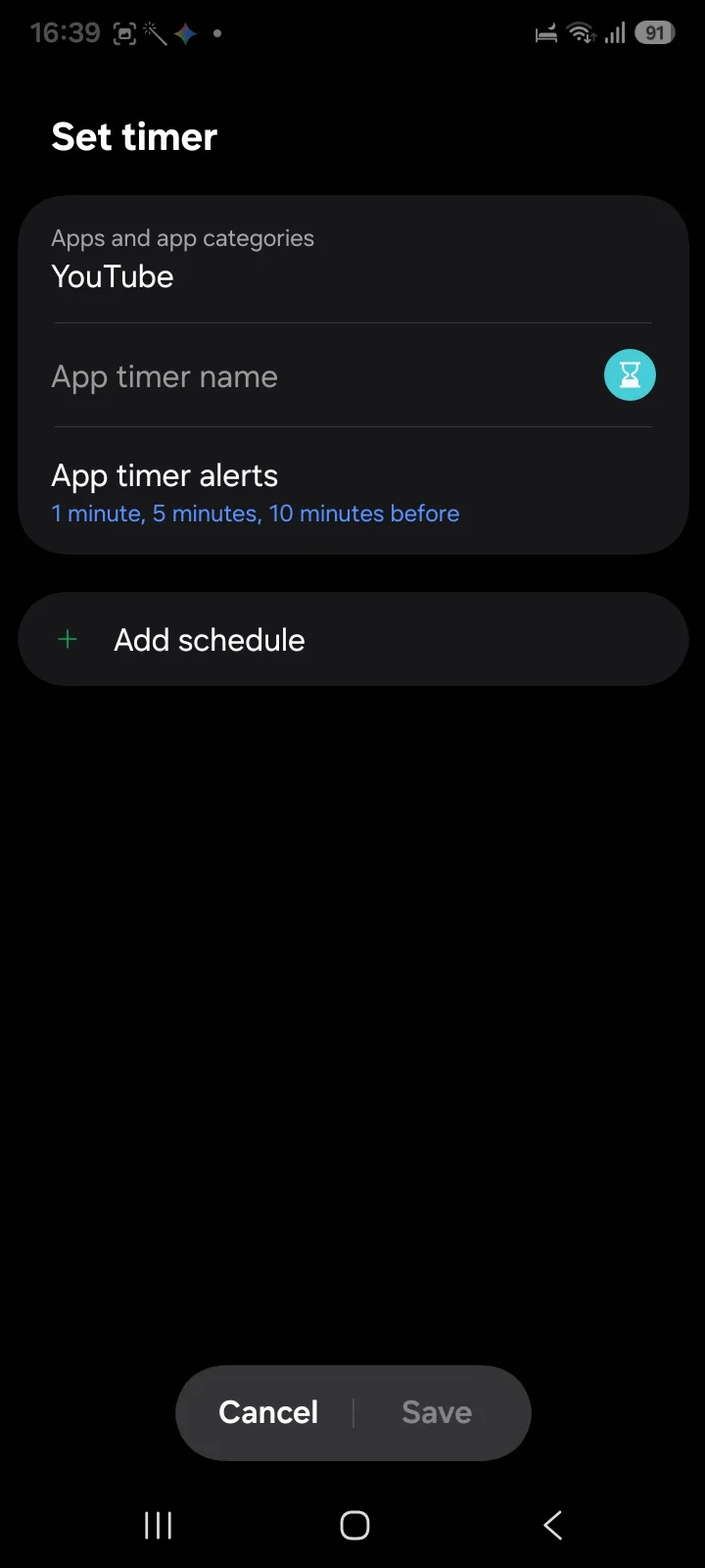 Samsung app timer setup screen with a timer name and alert options