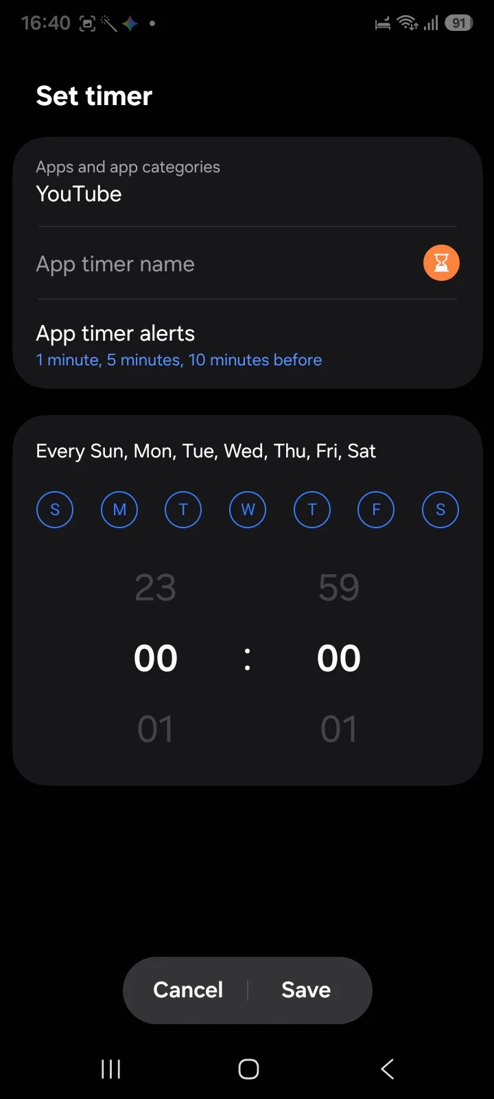 Samsung app timer schedule screen with day selection and a time picker