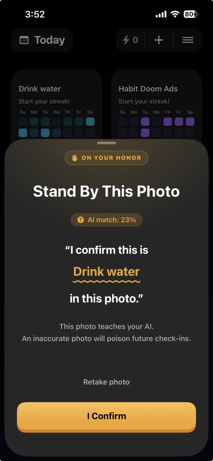 Habit Doom's override screen asking the user to stand by a borderline photo or retake it