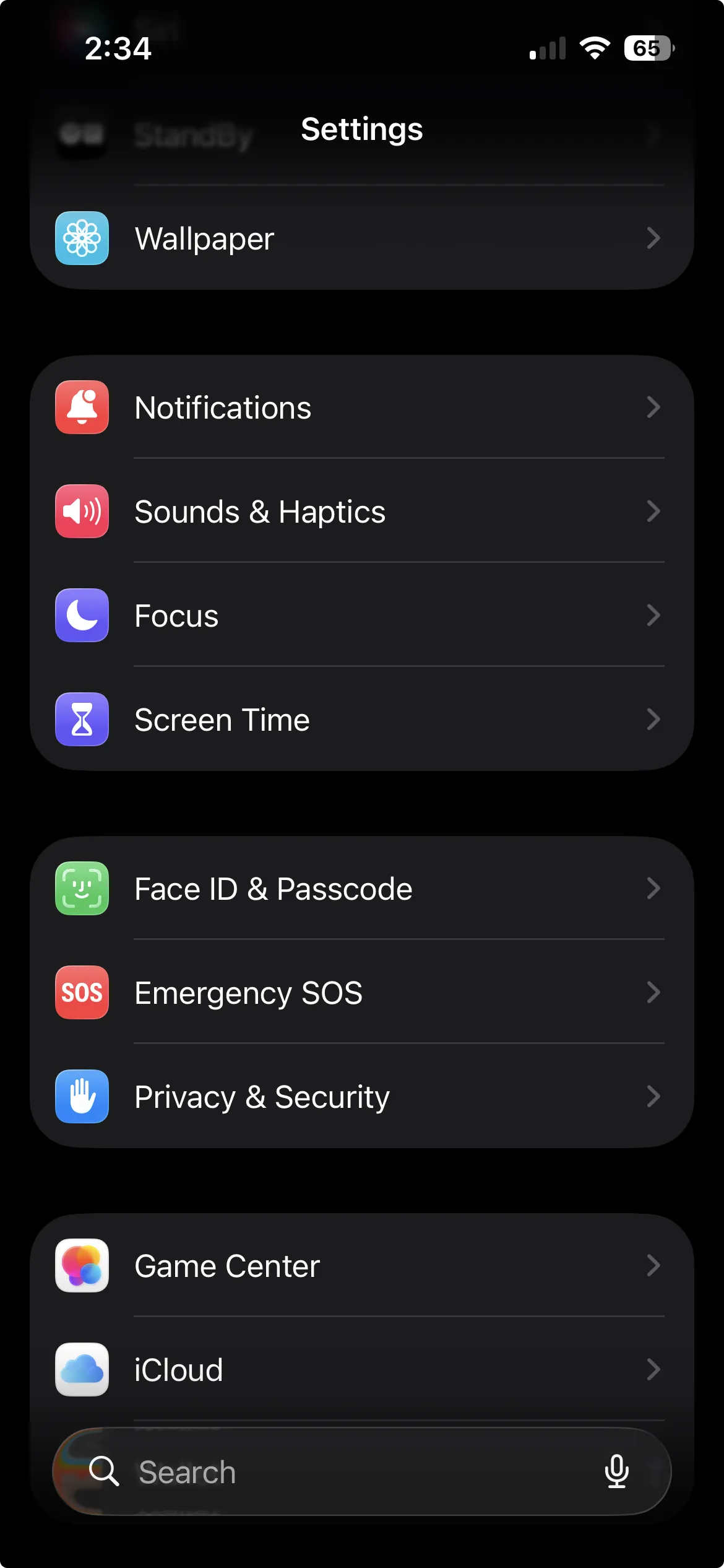 iPhone Settings app with Screen Time listed below Focus