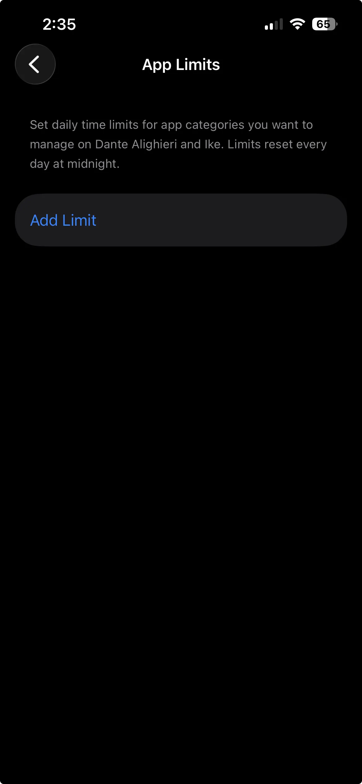 App Limits screen with the Add Limit button