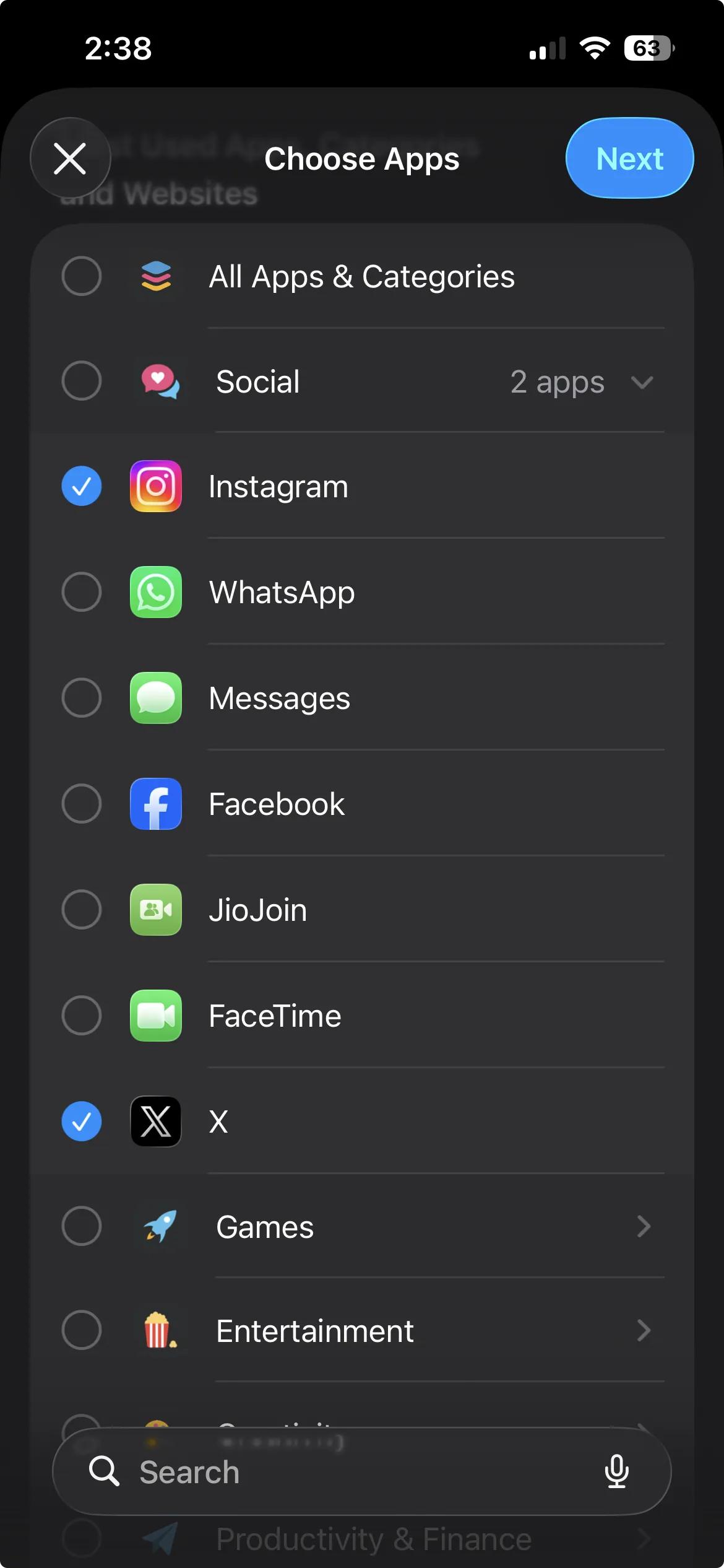 Choose Apps list with the Social category expanded and X ticked