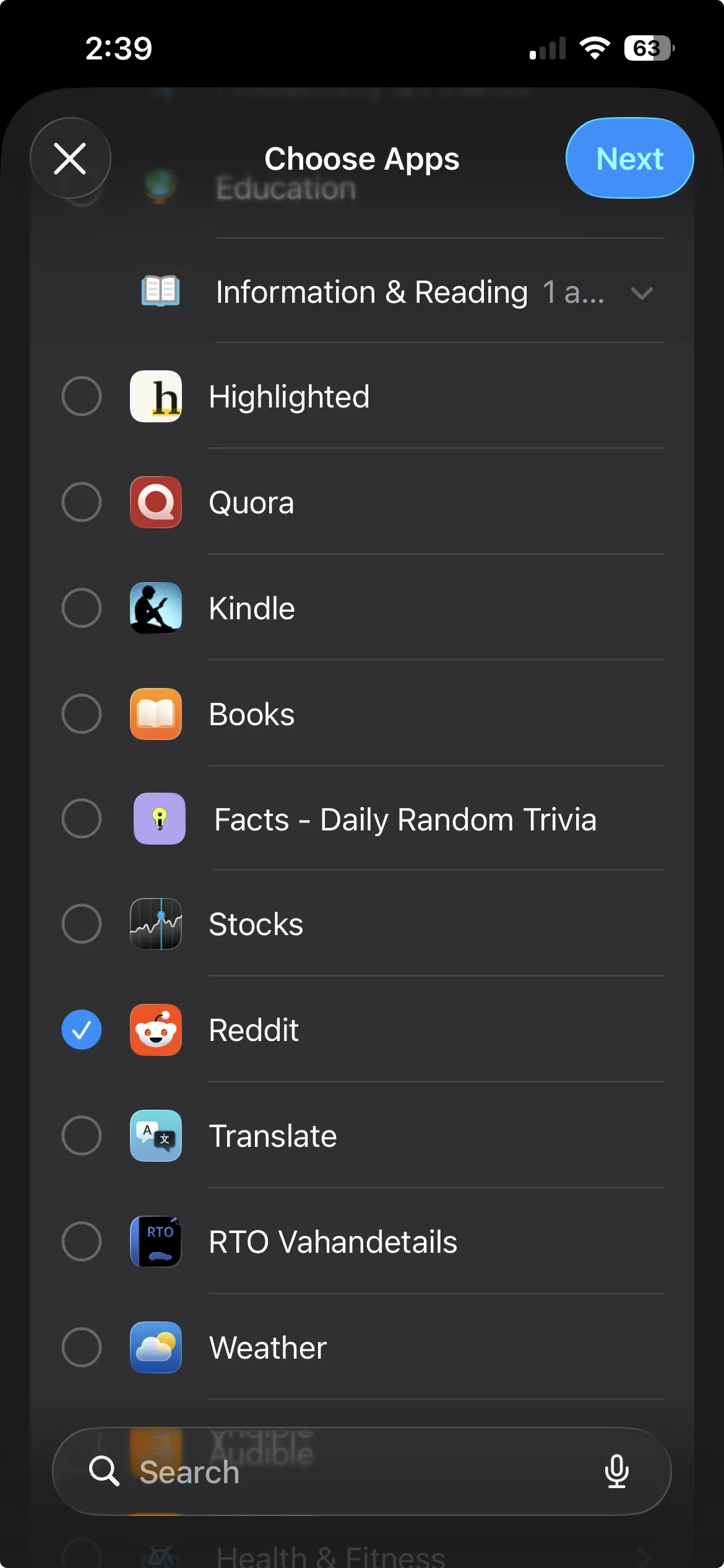 Choose Apps list with Information and Reading expanded and Reddit ticked