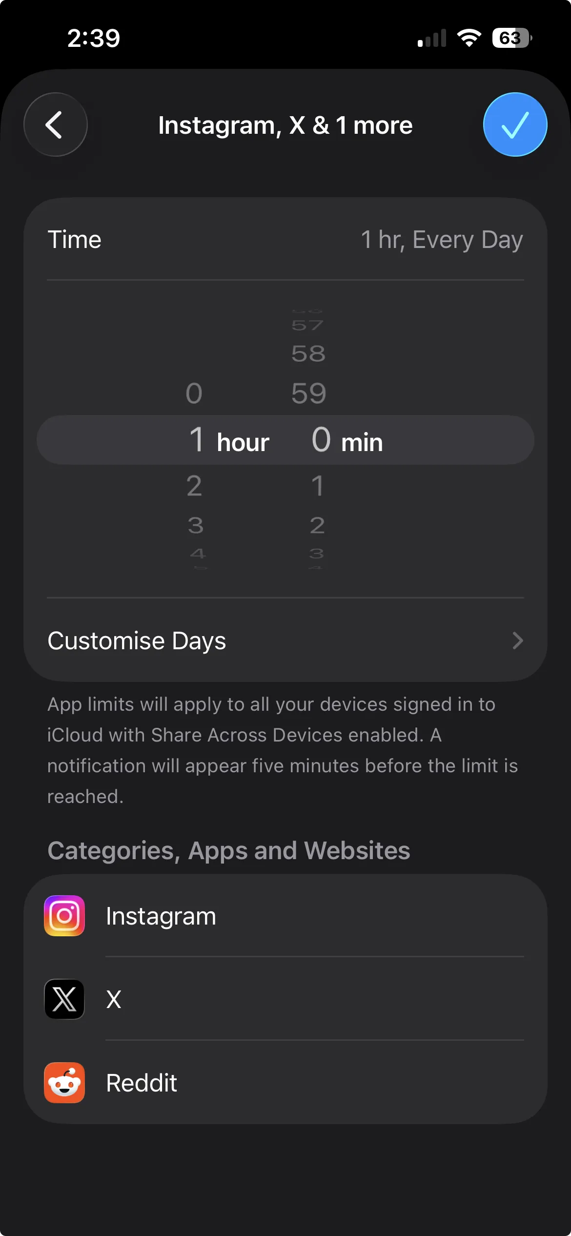 Time picker set to 1 hour every day for Instagram, X and Reddit, with a checkmark button to save