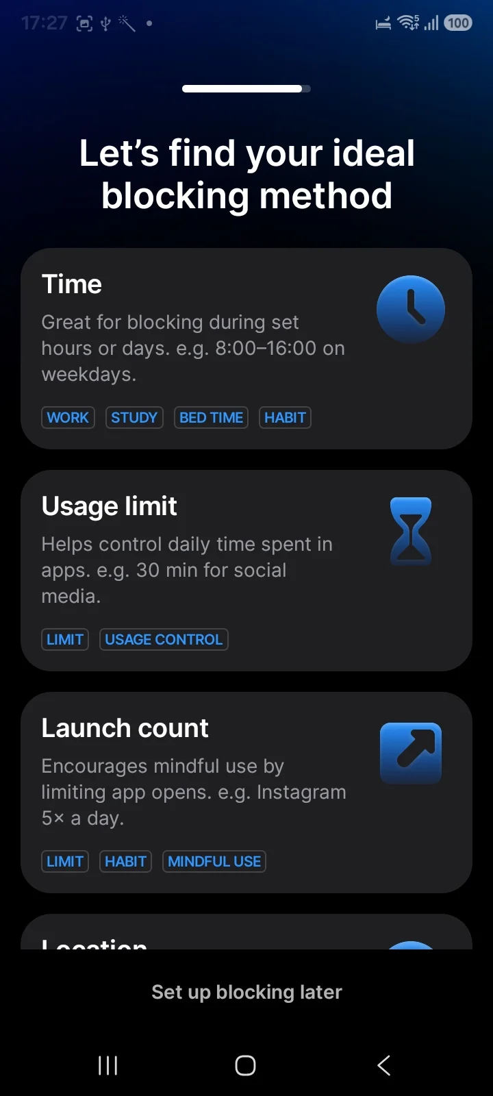 AppBlock blocking method chooser offering time, usage limit and launch count