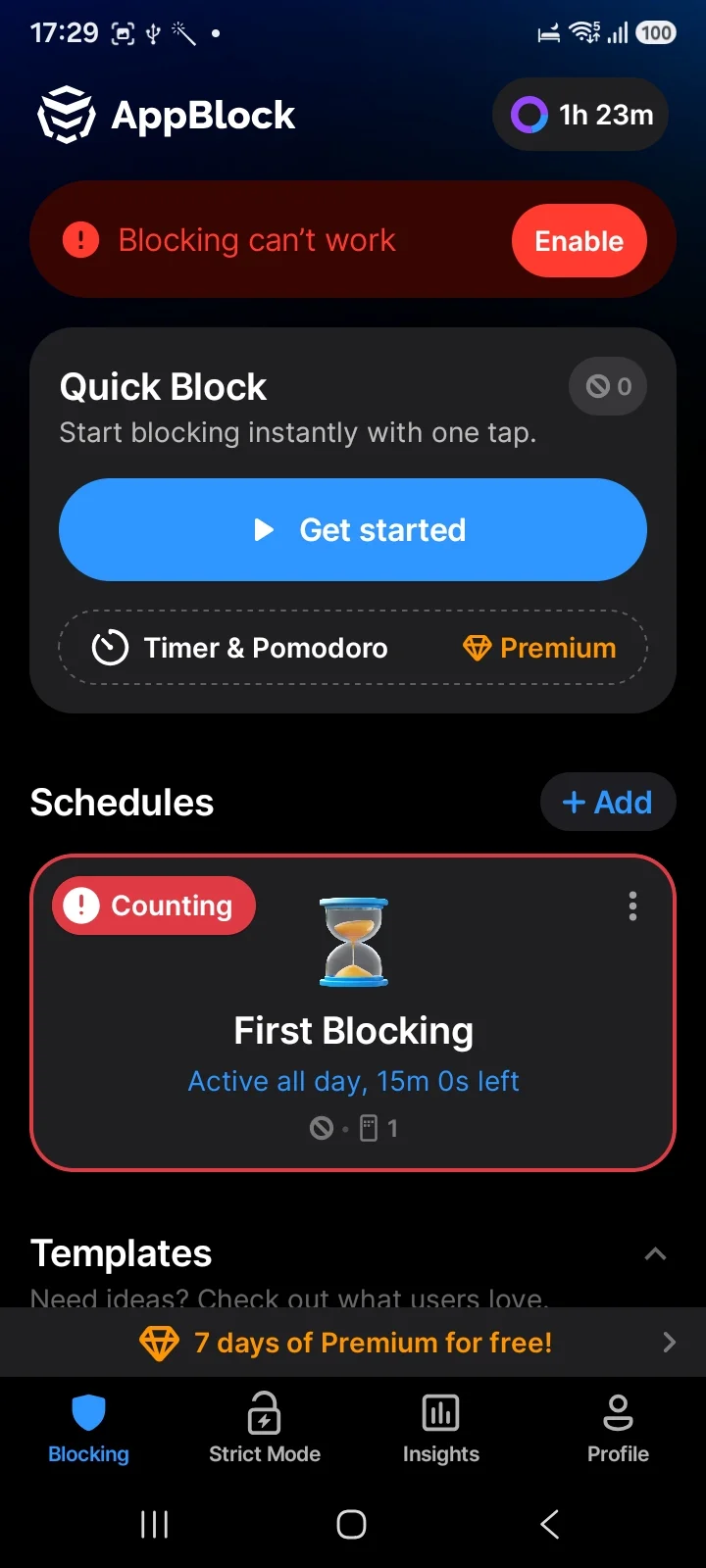 AppBlock home screen showing a red Blocking cannot work banner