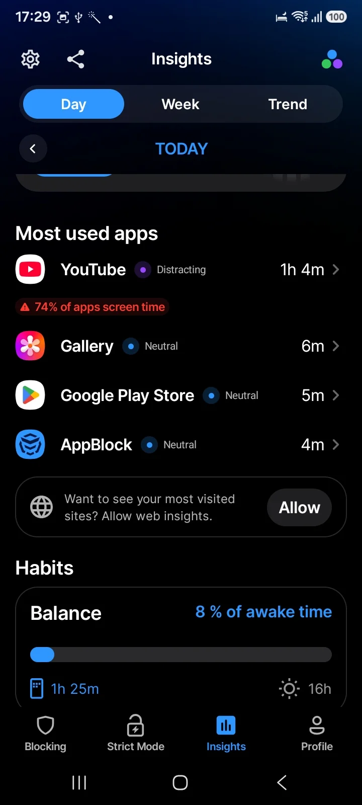 AppBlock Insights listing apps tagged distracting or neutral