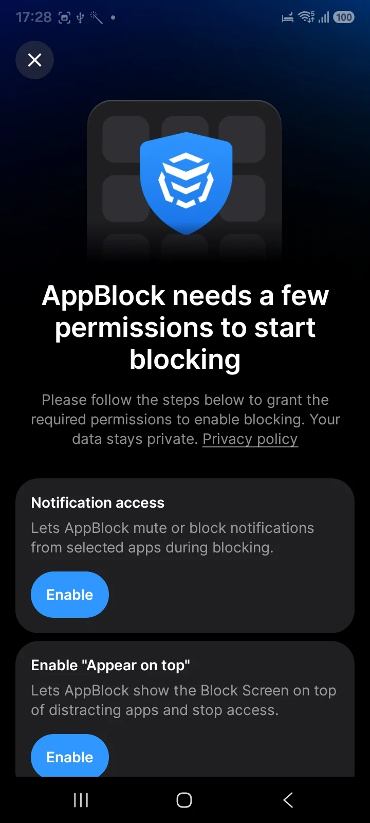 AppBlock permission screen requesting notification access and Appear on top