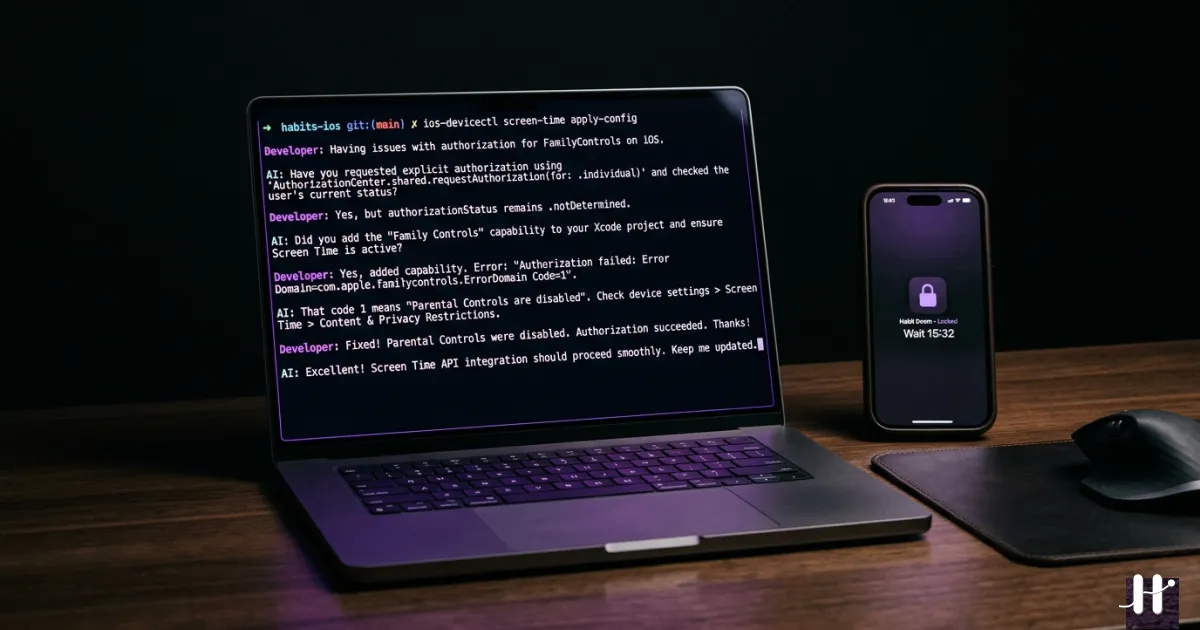 MacBook showing an AI coding agent conversation about iOS Screen Time API, with an iPhone displaying a locked app screen