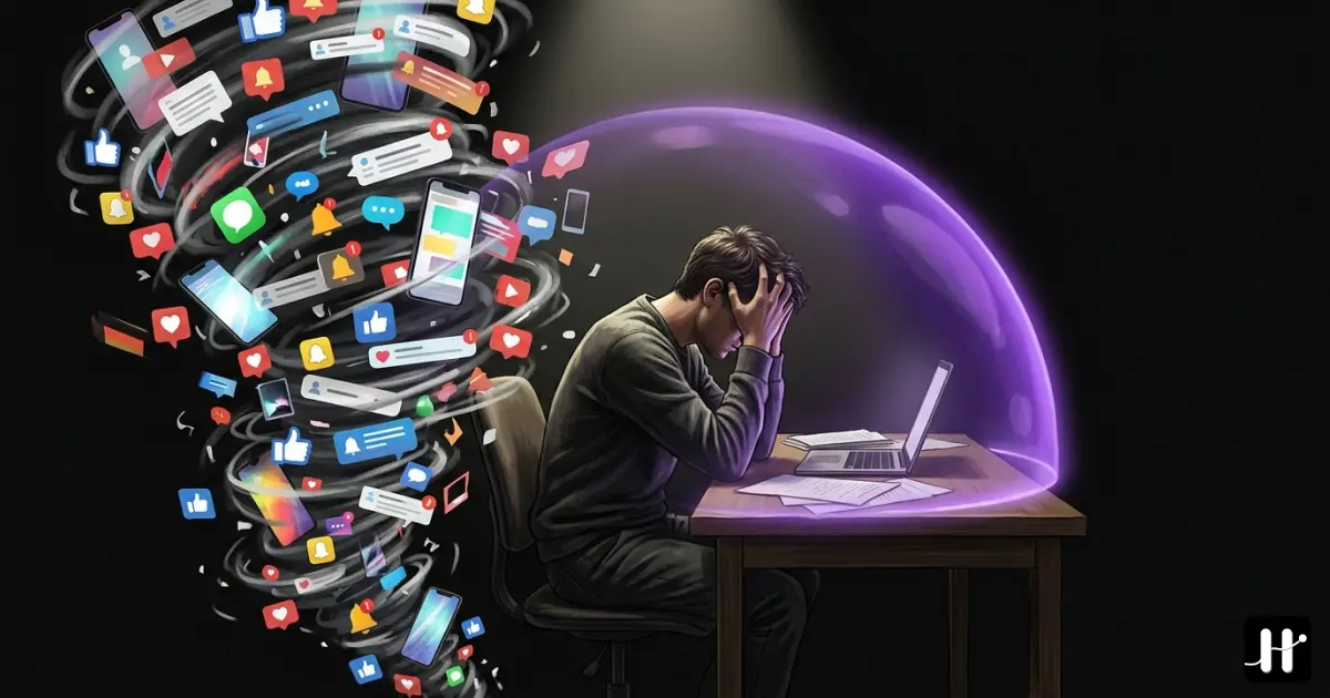 Person surrounded by chaotic smartphone notifications on one side and a calm purple shield blocking them on the other, representing ADHD and app blocking