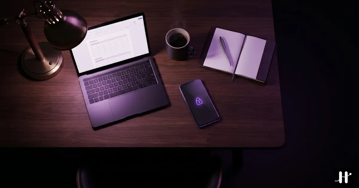 Top-down view of a clean home office desk with laptop, coffee, notebook, and phone face-down with a purple lock glow
