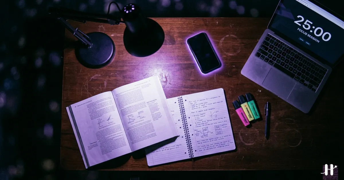 Student studying at desk with phone locked by app blocker, purple-tinted digital illustration