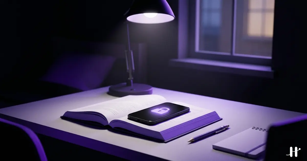 Student desk with textbook open and iPhone locked by app blocker, purple-tinted illustration