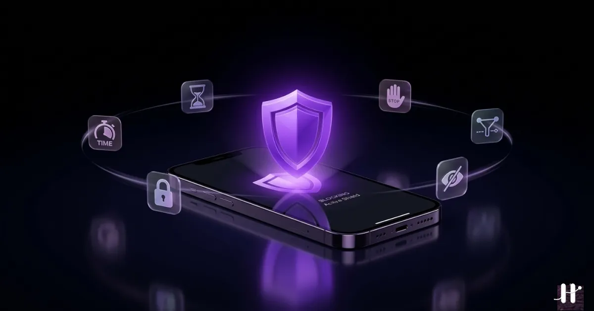 iPhone with app blocker interface glowing in purple light