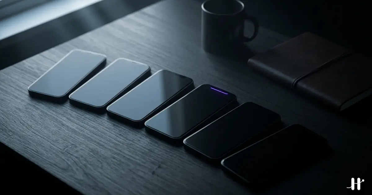 Six identical iPhones fanned across a charcoal wooden desk with screens off, one phone showing a faint purple light bar, beside a dark ceramic mug and a leather notebook in soft focus, conveying honest comparison of multiple phone-addiction apps