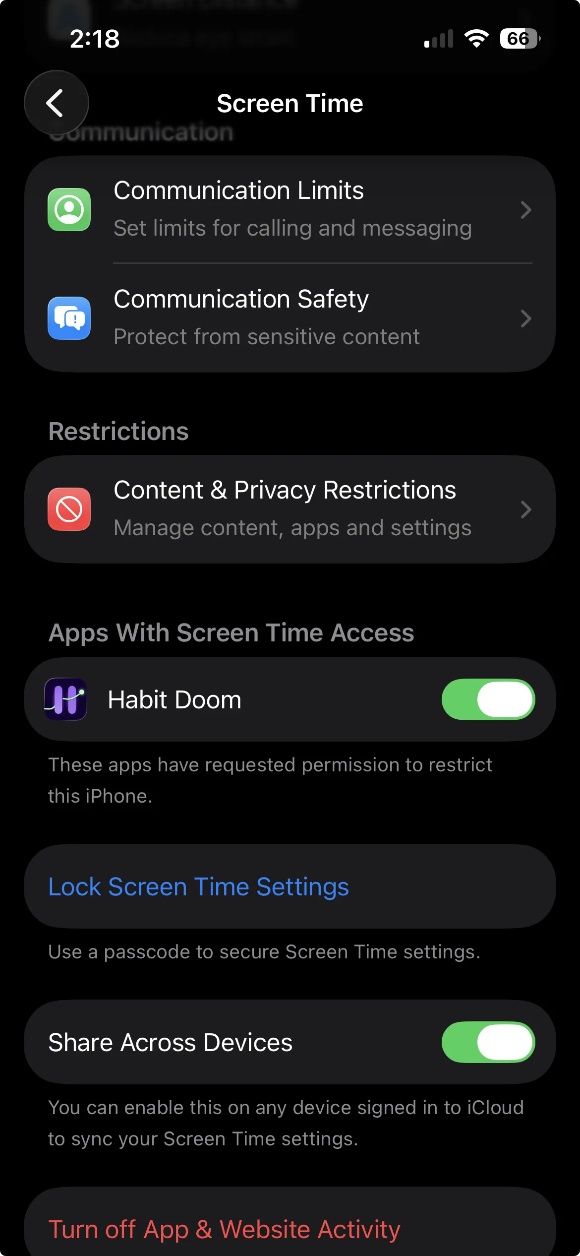 Screen Time settings showing Content and Privacy Restrictions under the Restrictions heading