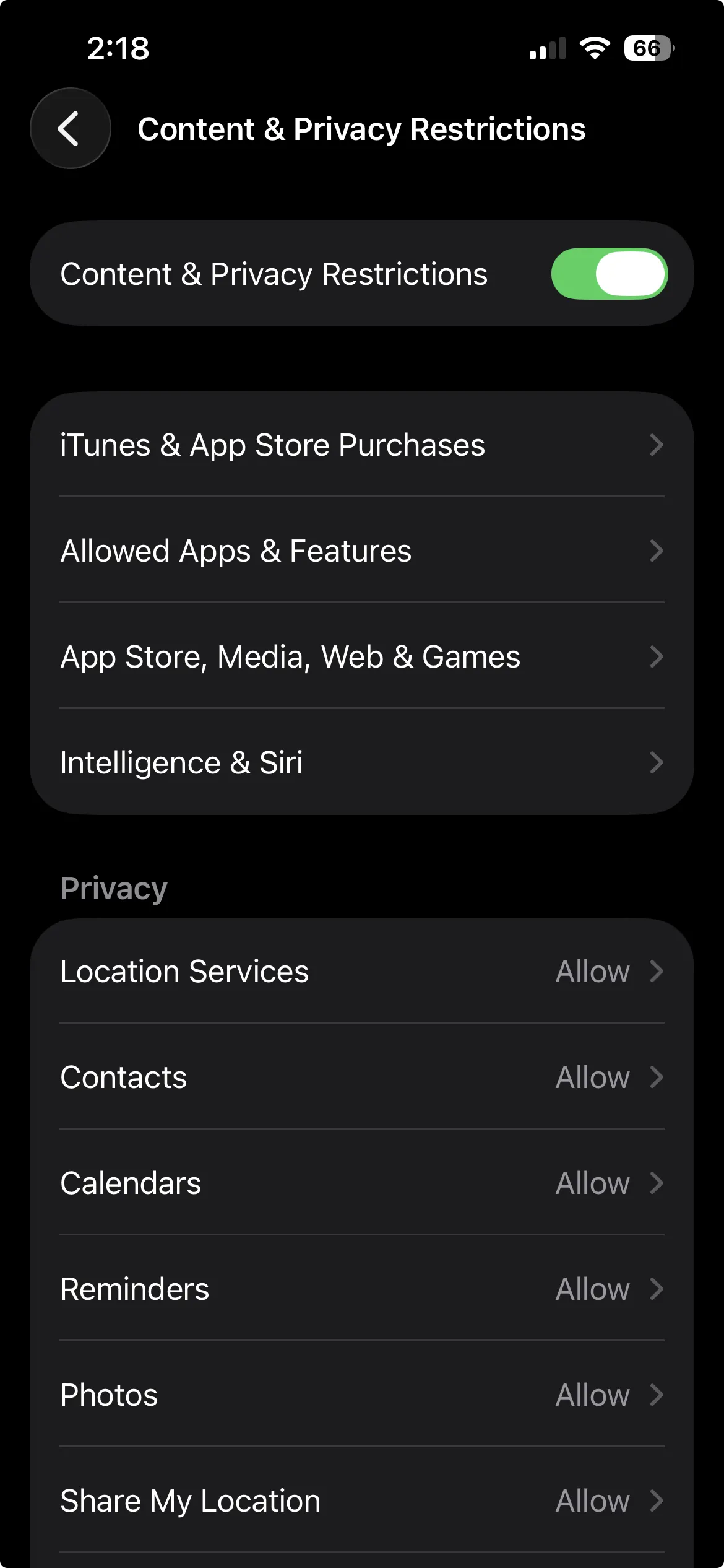 Content and Privacy Restrictions switched on, with App Store, Media, Web and Games in the list below