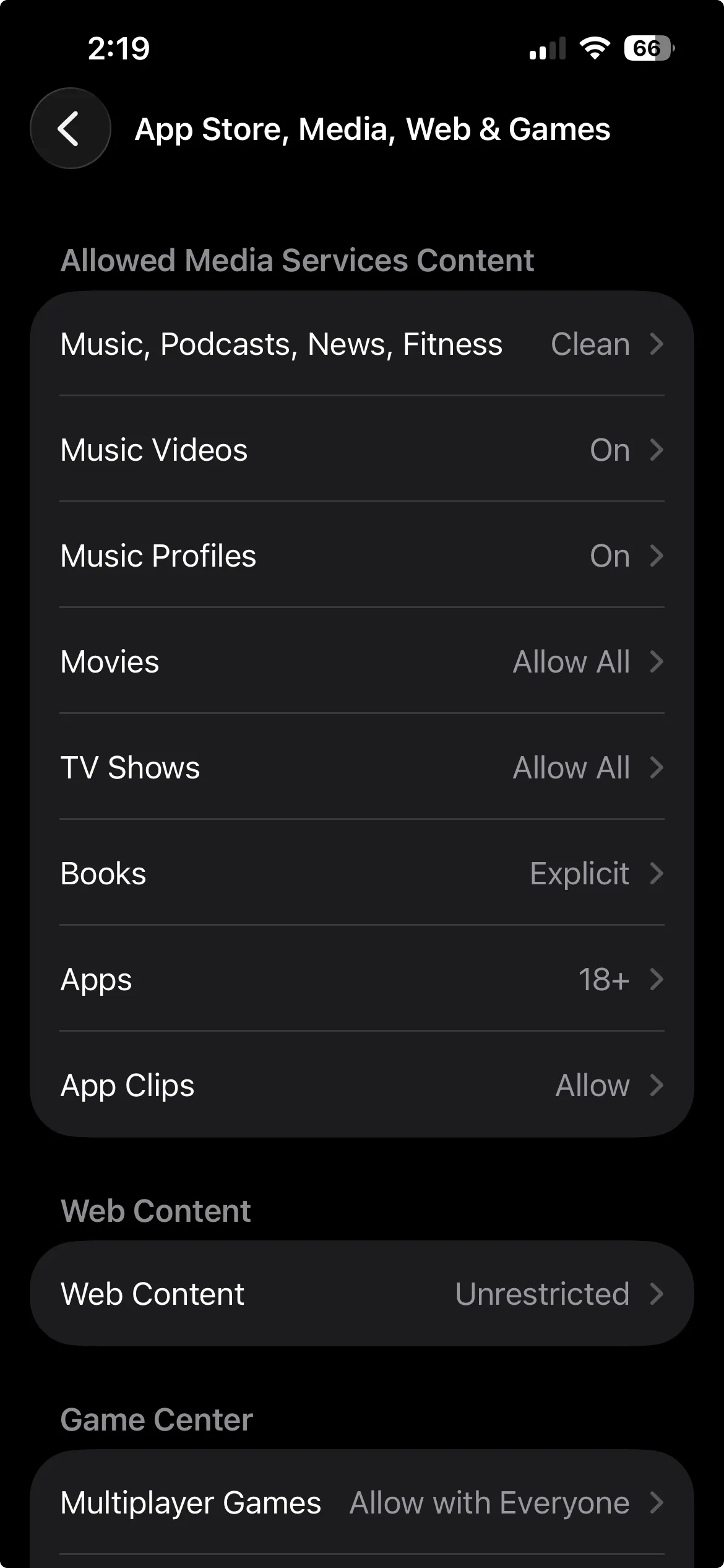 App Store, Media, Web and Games screen with Web Content set to Unrestricted near the bottom