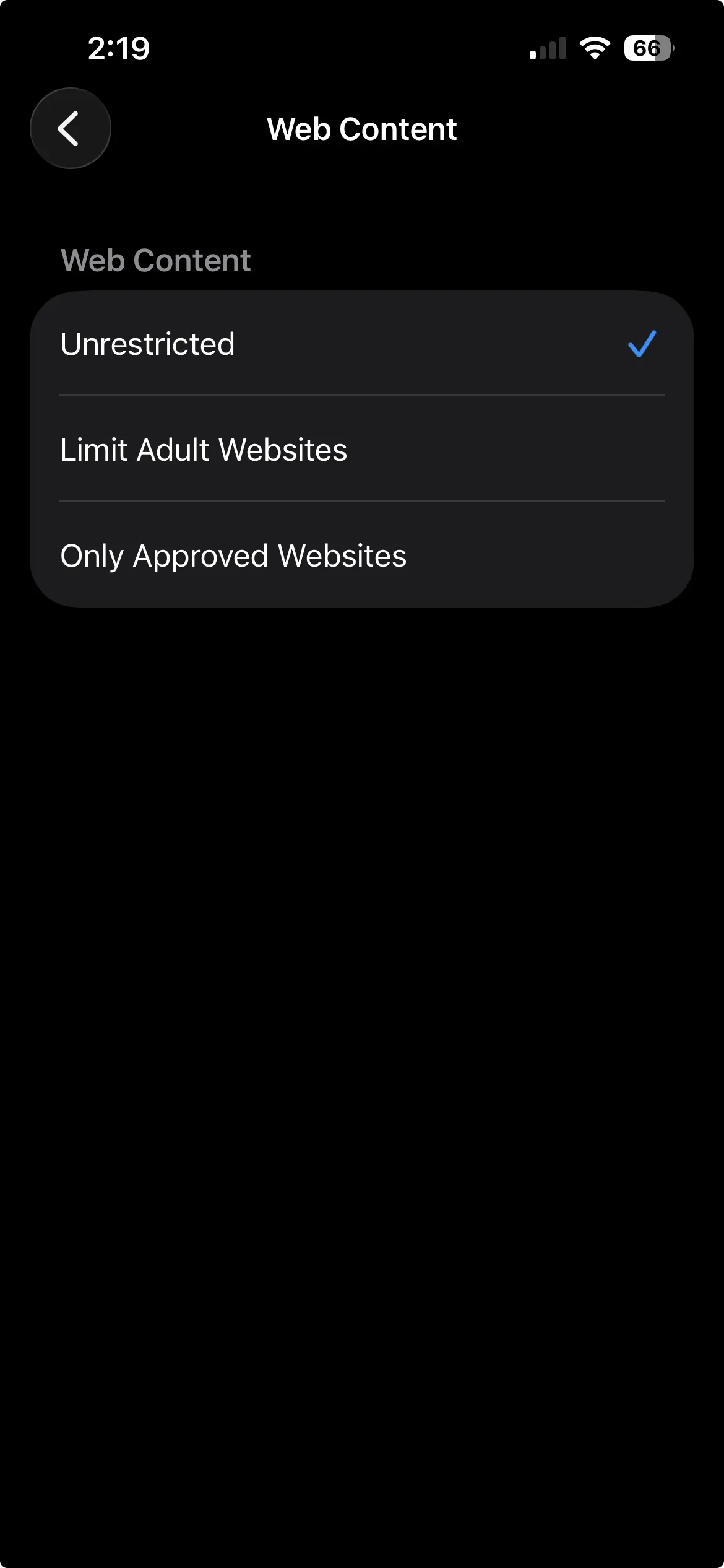 Web Content options: Unrestricted, Limit Adult Websites, and Only Approved Websites