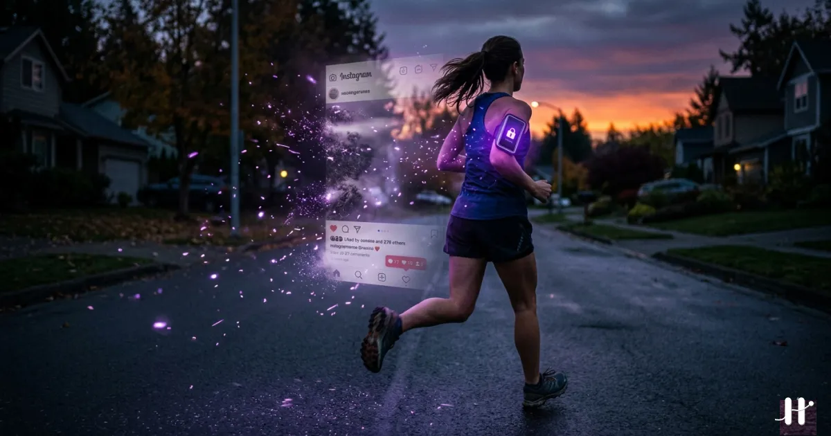 Person exercising with locked Instagram icon in background, purple-toned illustration