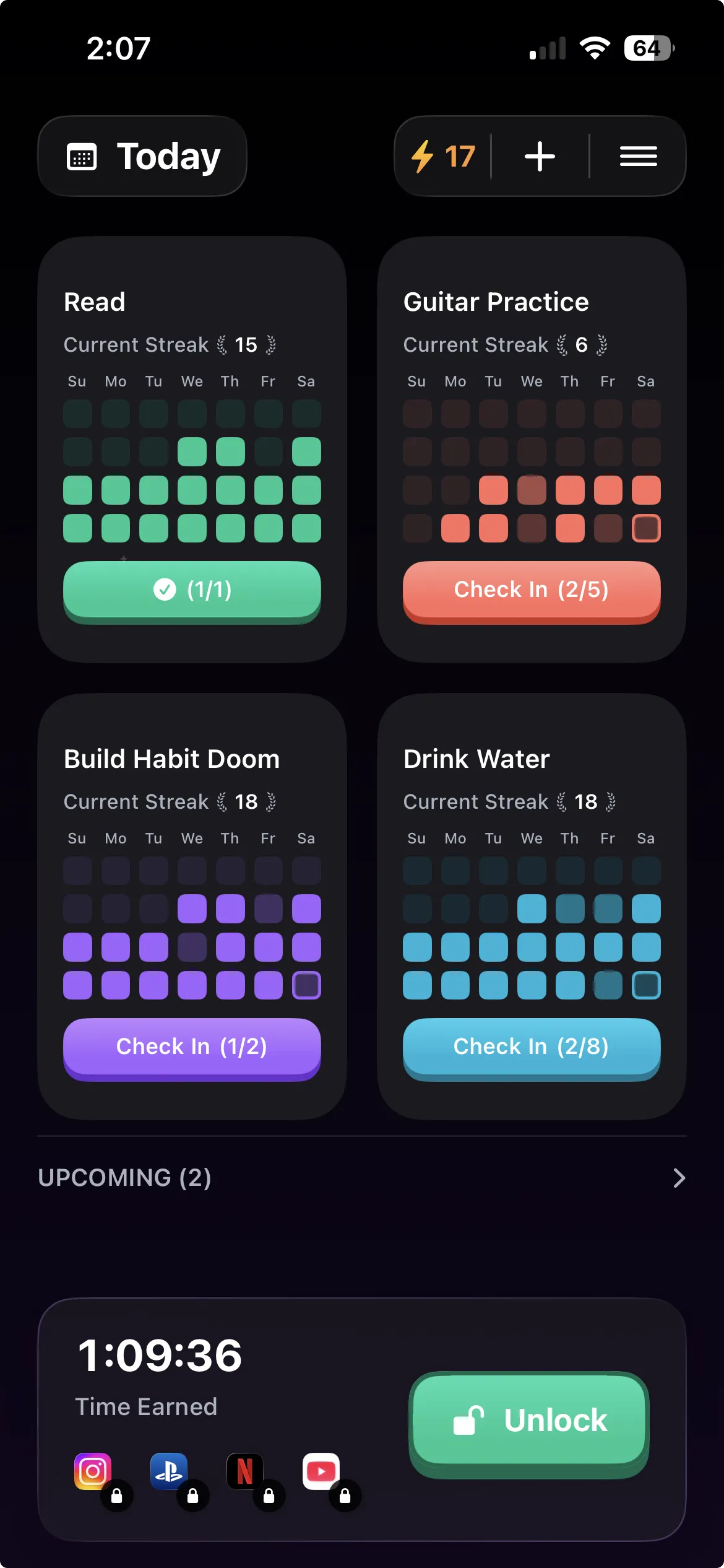 Habit Doom home screen showing daily habits with active streaks and locked apps