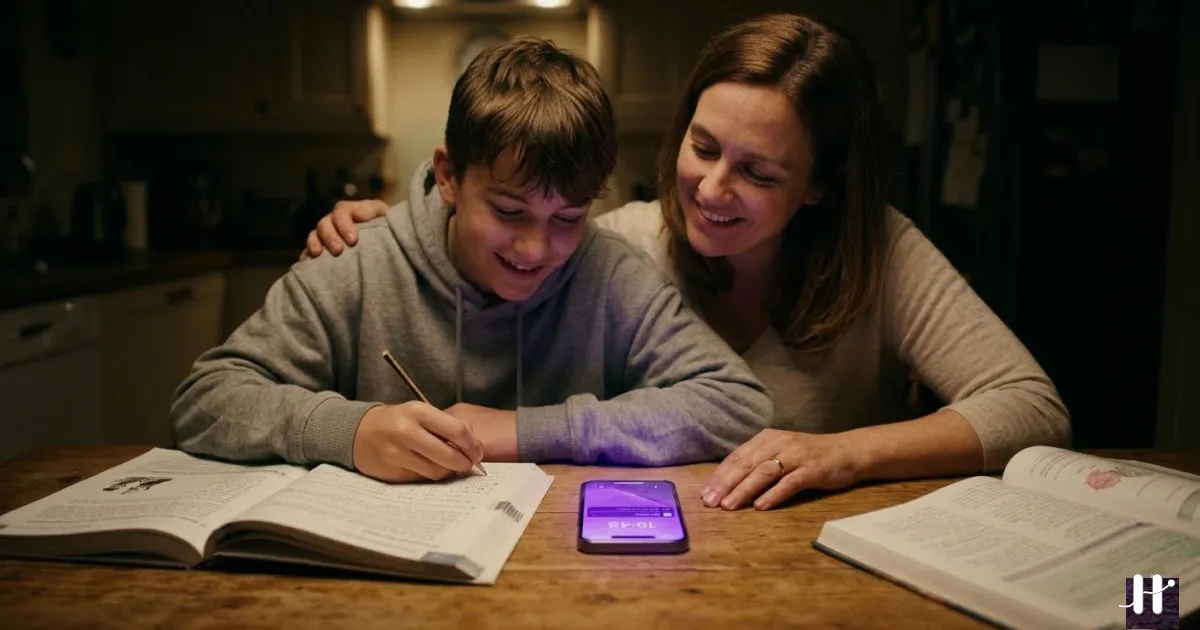 Parent and child with phone showing TikTok lock screen, purple digital art
