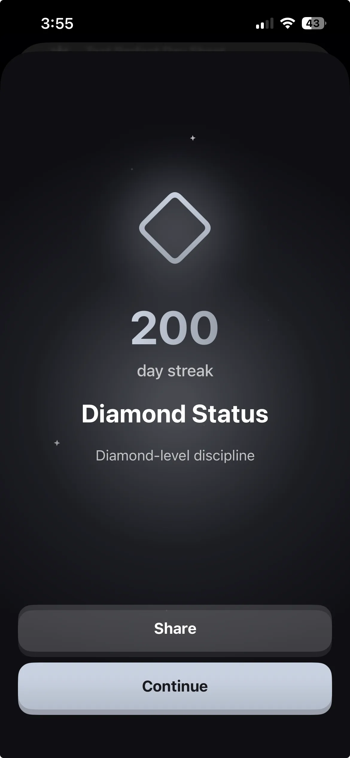Habit Doom Diamond Status milestone showing 200-day streak achievement
