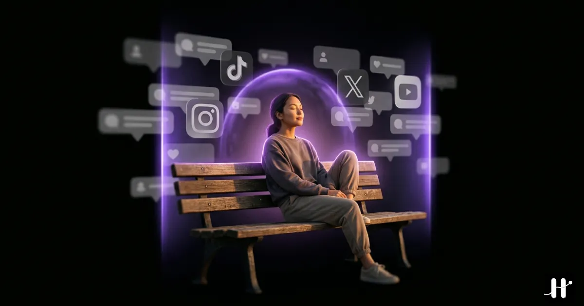 Woman sitting peacefully on a park bench, eyes closed, surrounded by a glowing purple force field blocking social media notifications