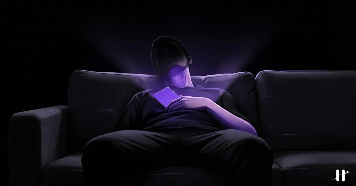 A figure slumped low on a dark sofa in a dim room, phone held in their lap casting upward purple light onto an indistinct face, conveying the cognitive exhaustion of prolonged scrolling