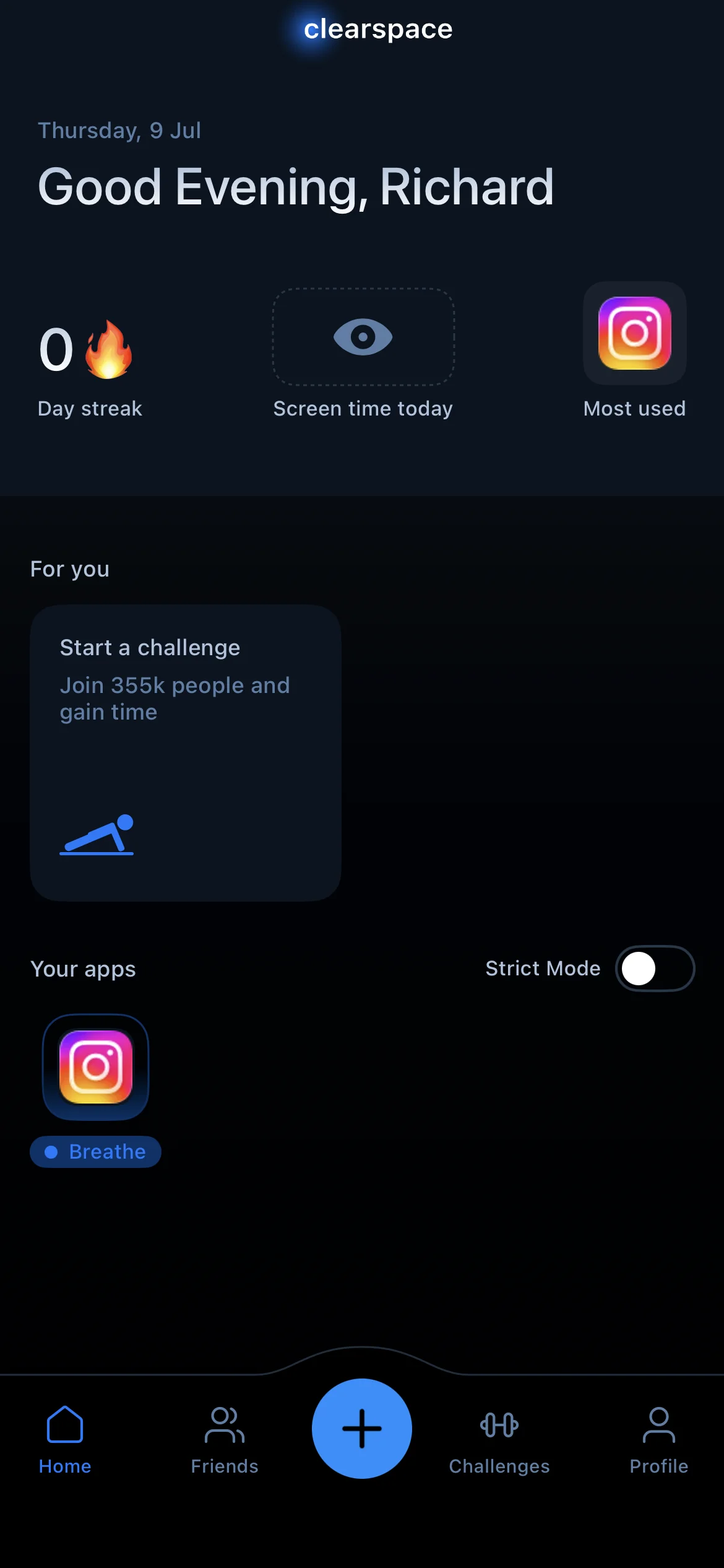Clearspace home screen showing day streak, screen time today, and per-app Breathe blocking with a Strict Mode toggle