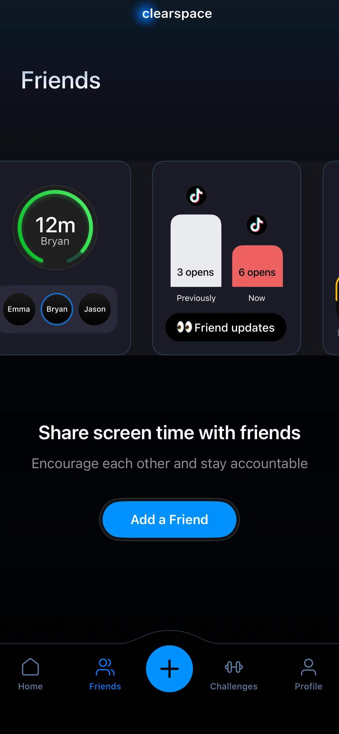 Clearspace friends screen sharing screen time stats and app open counts with friends