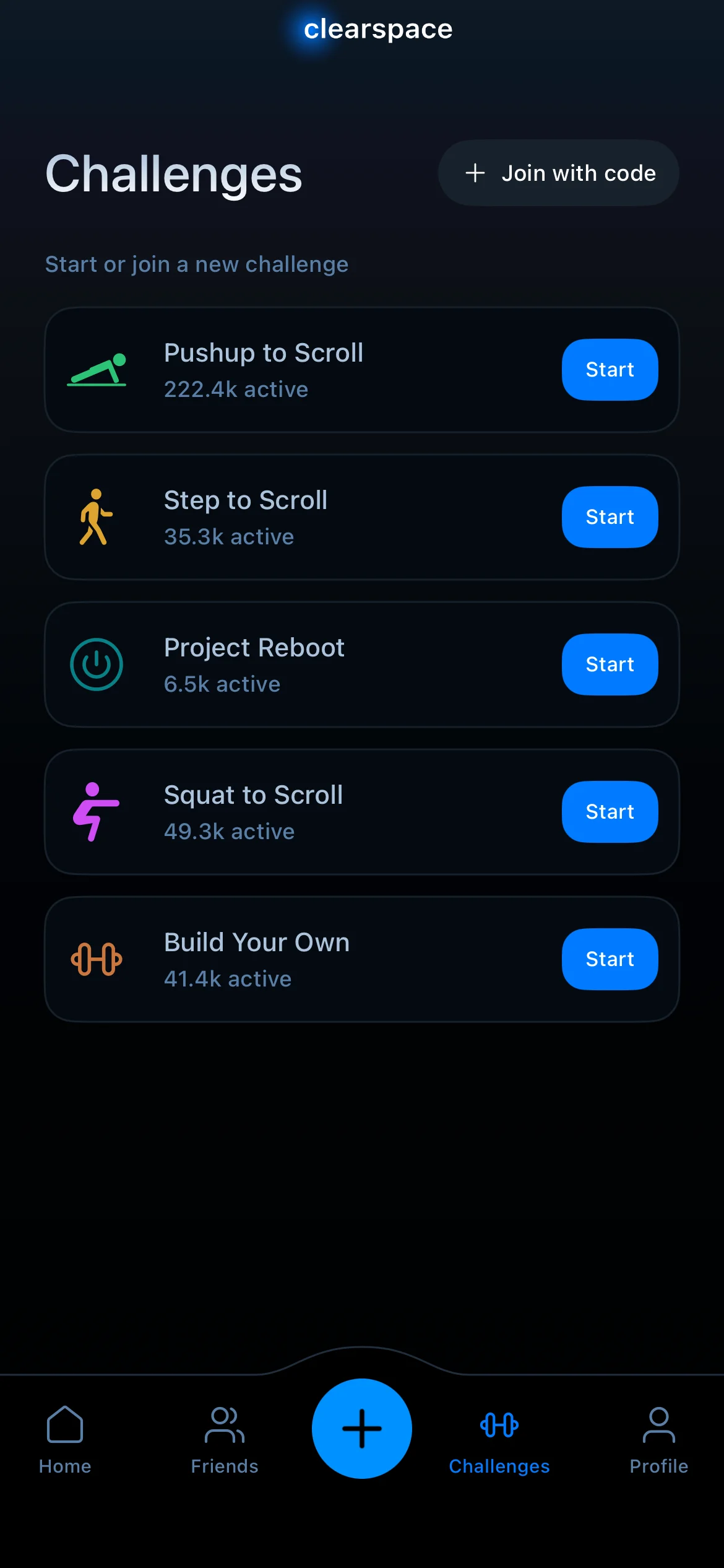 Clearspace challenges screen listing movement based challenges like Pushup to Scroll
