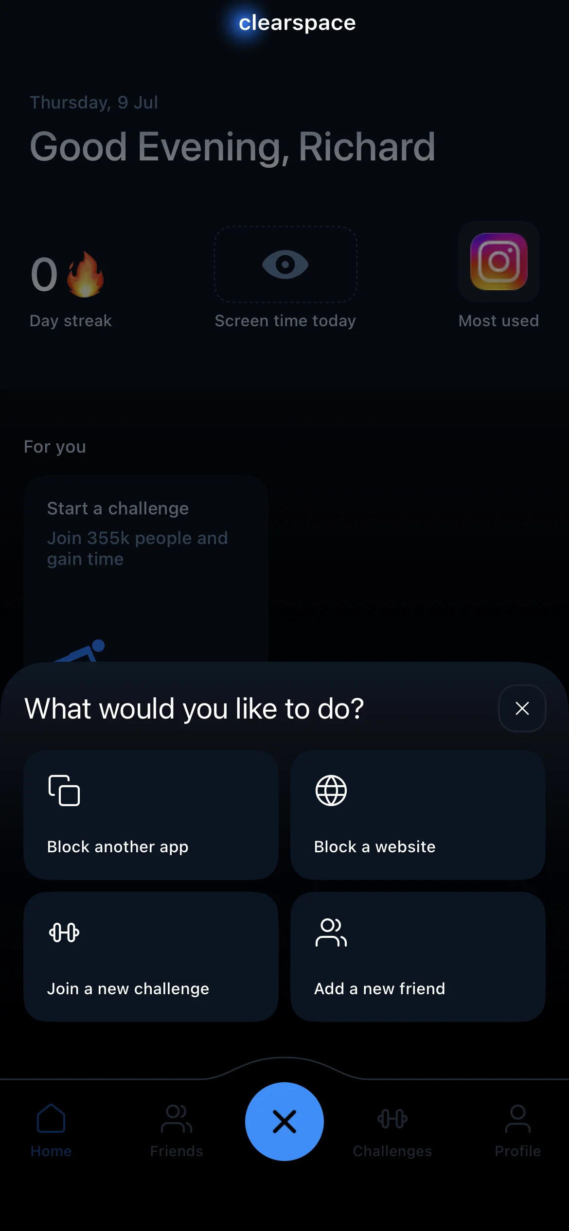 Clearspace action menu to block another app, block a website, join a challenge, or add a friend