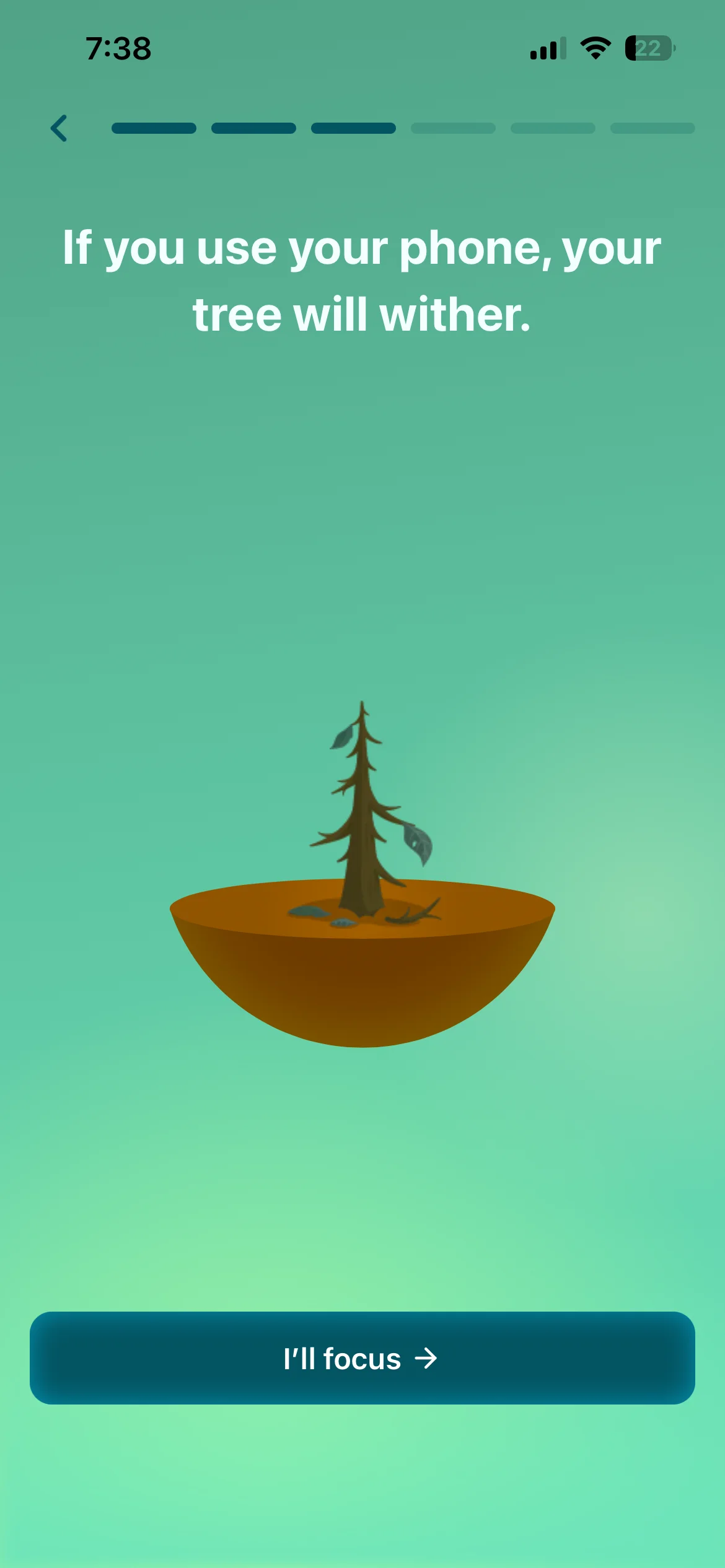 Forest onboarding screen showing a withered tree if you leave the app