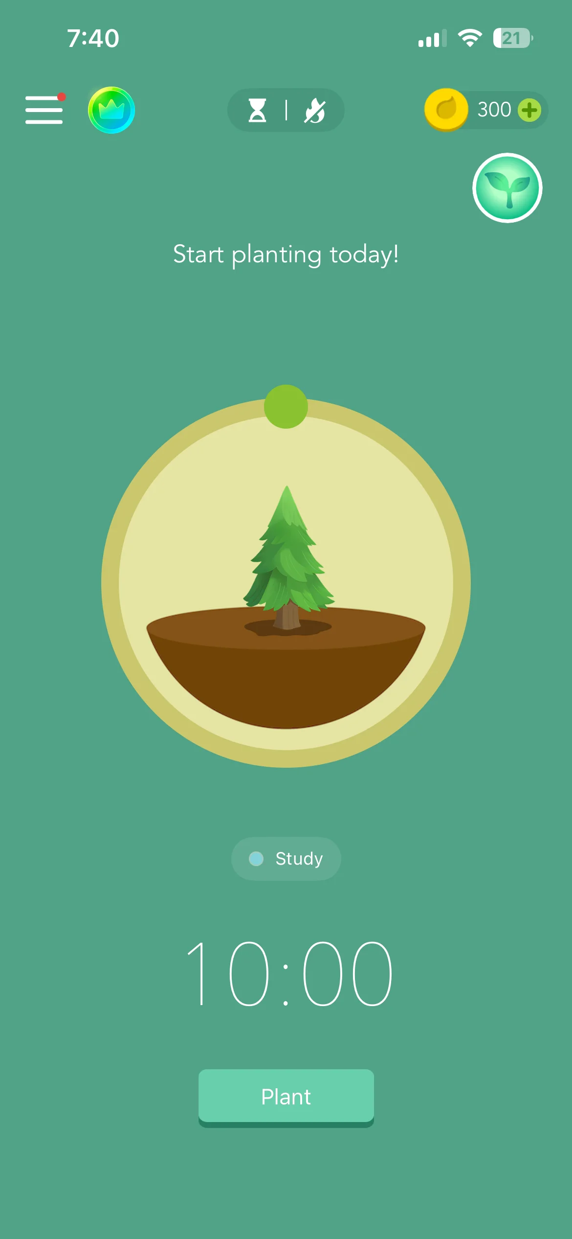 Forest main timer screen with a tree and a ten minute focus timer ready to plant