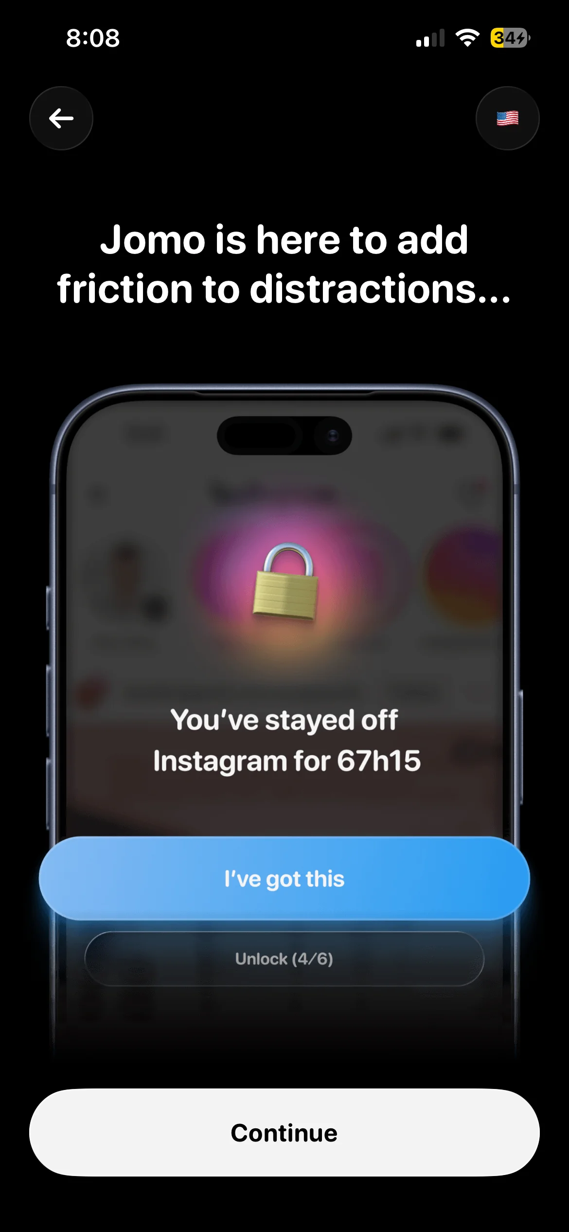 Jomo screen showing a locked Instagram app with time stayed off