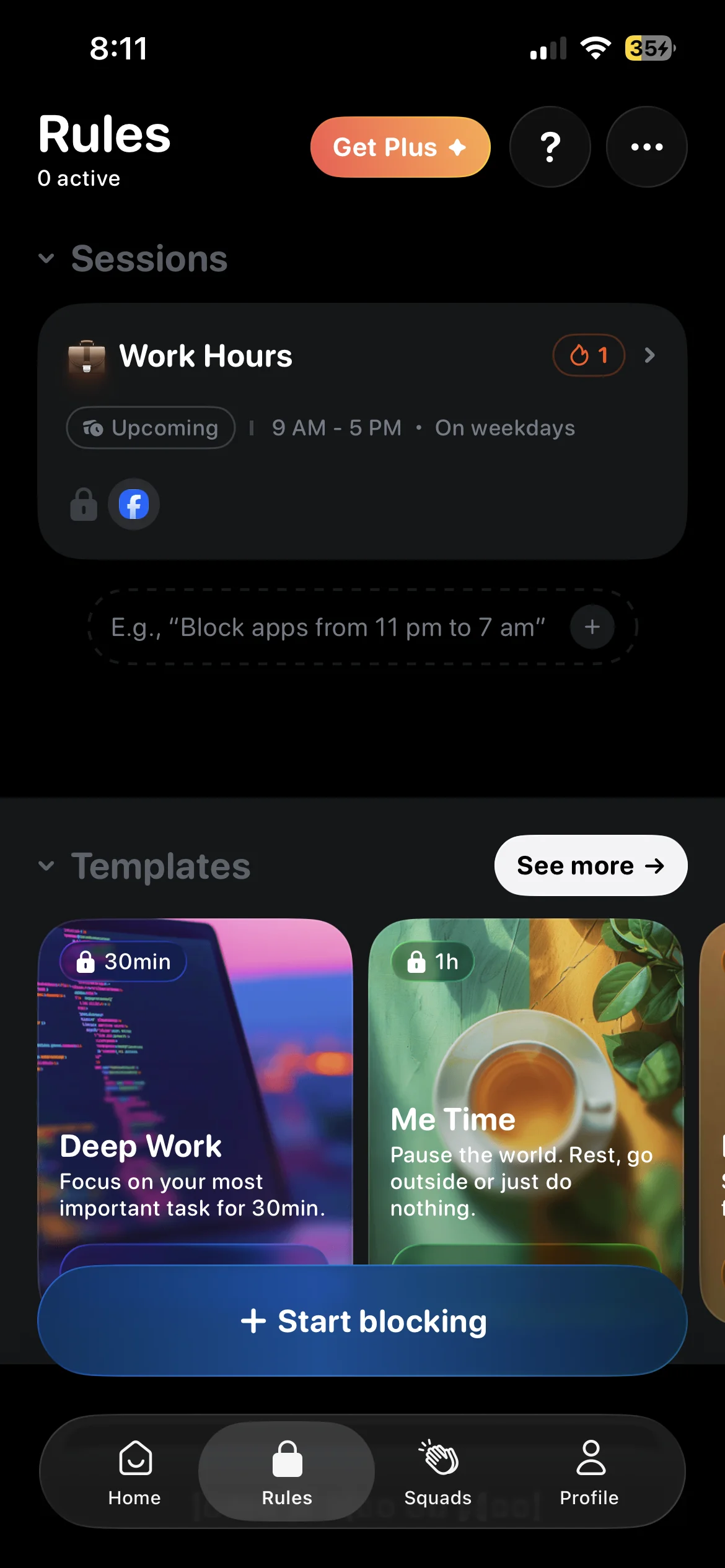 Jomo Rules tab with a scheduled Work Hours blocking session and focus templates