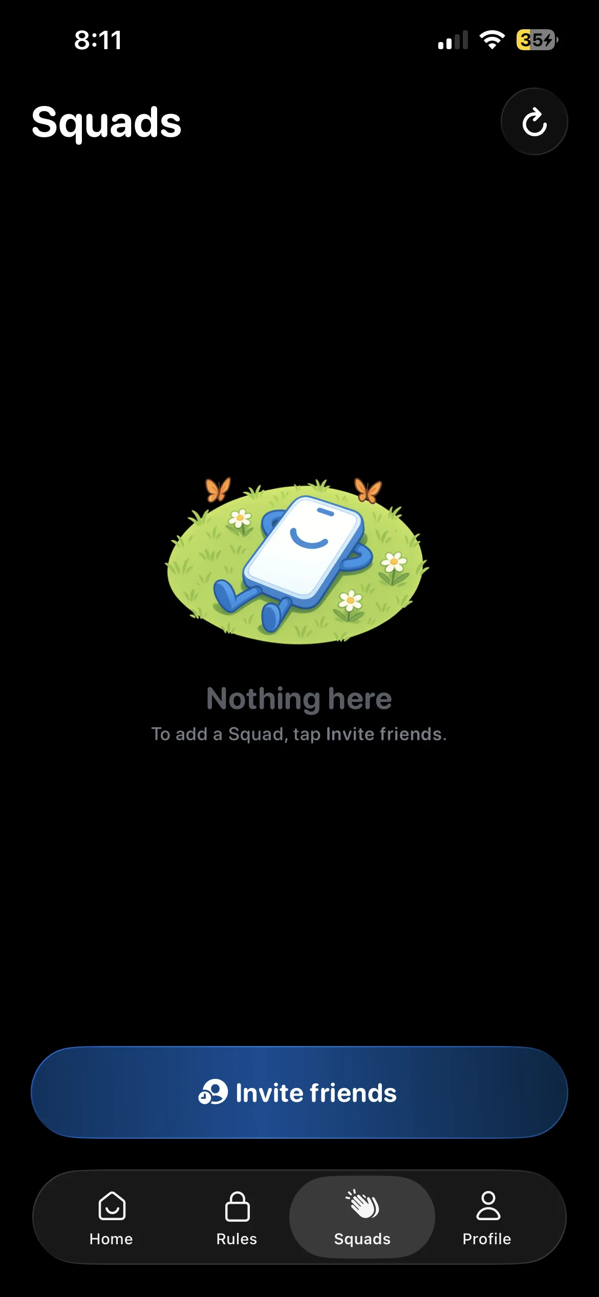 Jomo Squads tab empty state with an invite friends button